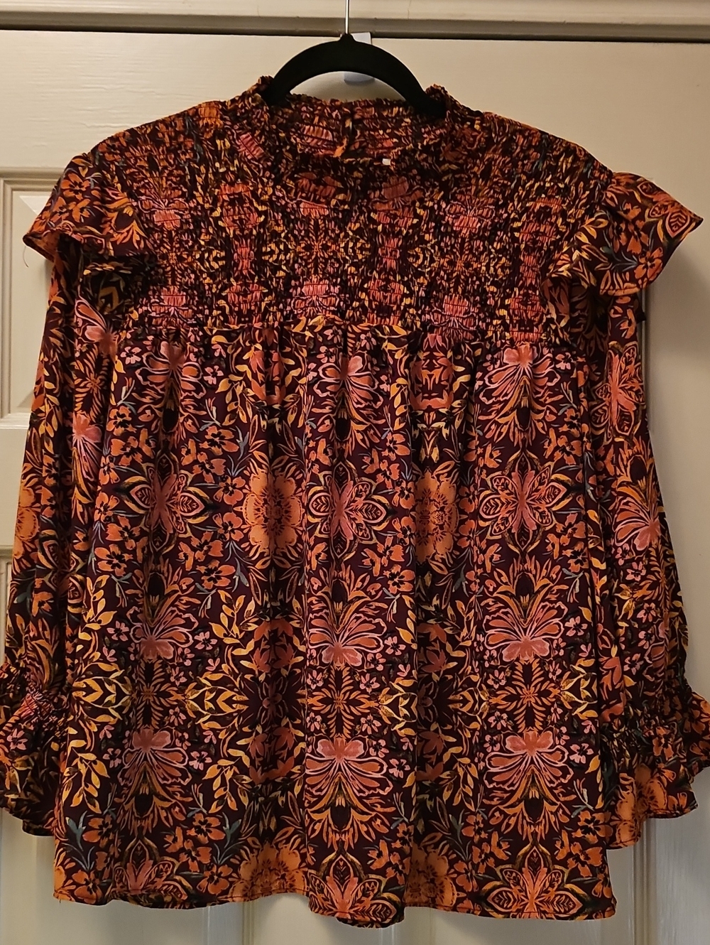 Floral Smocked Tunic Top in Rust and Pink